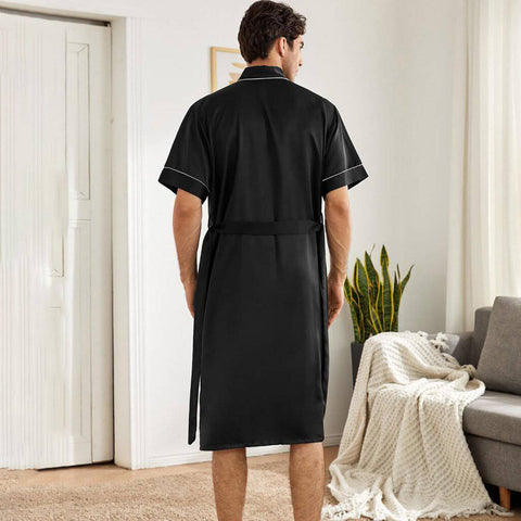 Mens Silk Robe and Shorts Set with Contrast Piping and Short Sleeves