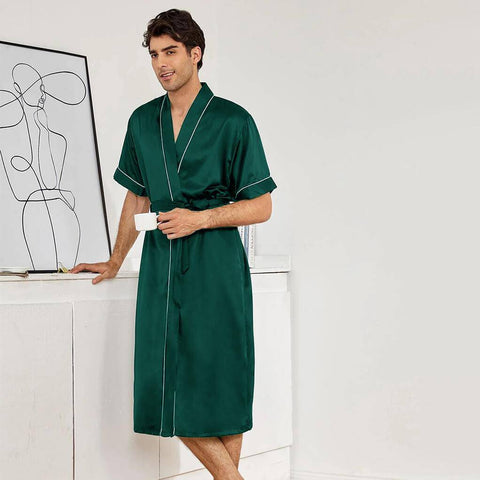 Mens Silk Robe and Shorts Set with Contrast Piping and Short Sleeves