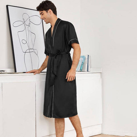 Mens Silk Robe and Shorts Set with Contrast Piping and Short Sleeves