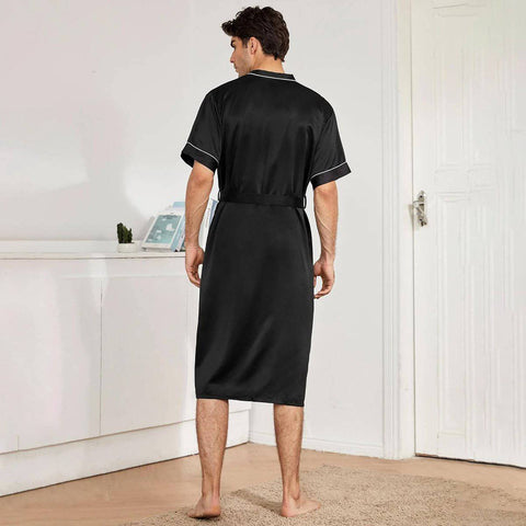 Mens Silk Robe and Shorts Set with Contrast Piping and Short Sleeves