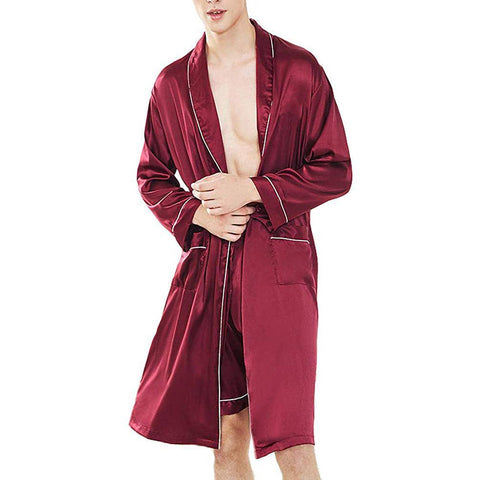 Mens Silk Robe and Silk Boxers Set Contrast Trim Silk Two Piece Set