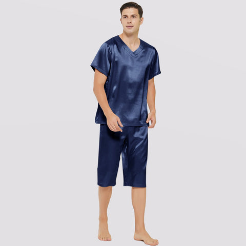 Mens Short Silk Pajama Set Silk Two Piece V Neck Silk Sleepwear