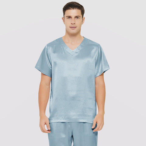 Mens Short Silk Pajama Set Silk Two Piece V Neck Silk Sleepwear