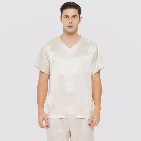 Mens Short Silk Pajama Set Silk Two Piece V Neck Silk Sleepwear
