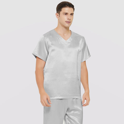 Mens Short Silk Pajama Set Silk Two Piece V Neck Silk Sleepwear